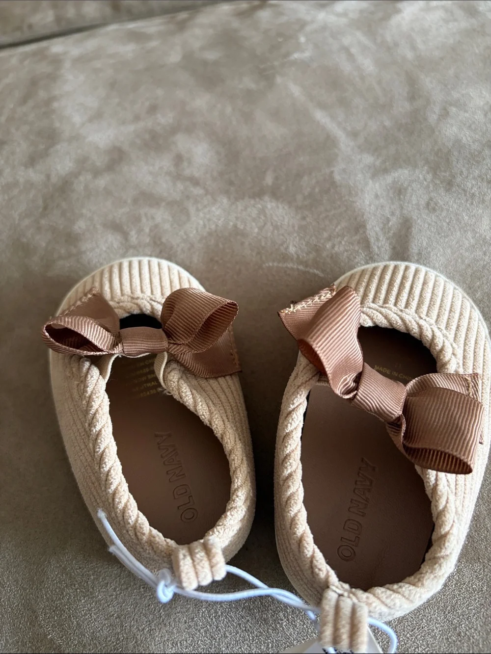 Old Navy Beige Corduroy Slip-On Shoes with Brown Bows